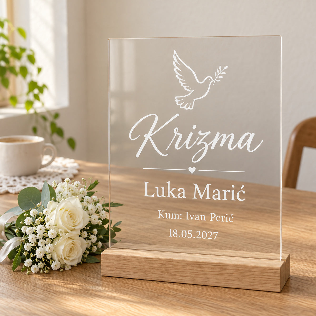 Uspomena na krizmu, tabla sa imenom i datumom