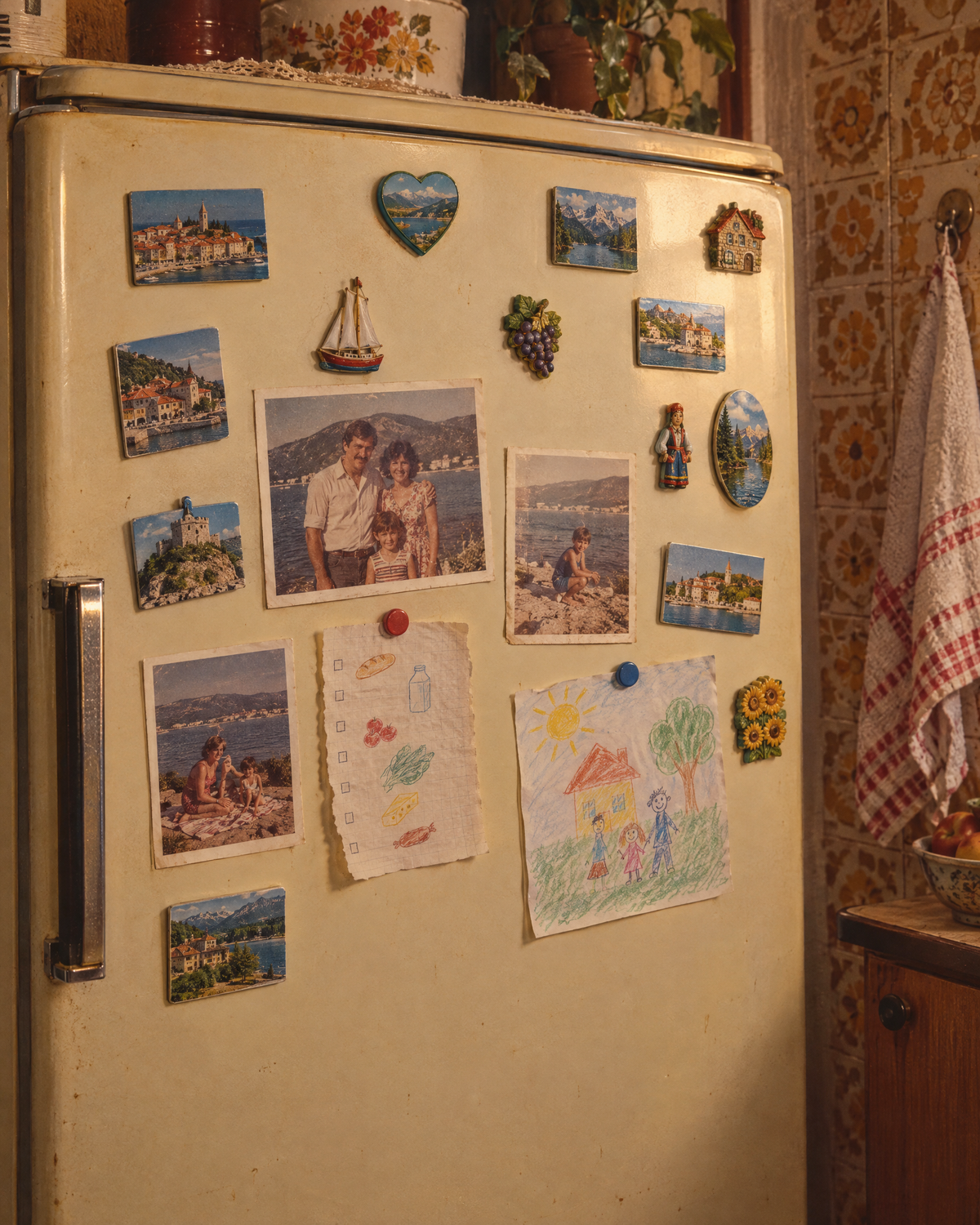 Alte Kühlschranktür mit Urlaubsmagneten, Familienfotos und einer Kinderzeichnung