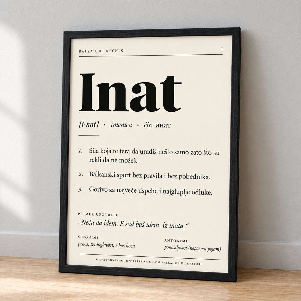 Poster Balkanski rečnik, reč Inat, naslonjen na zid
