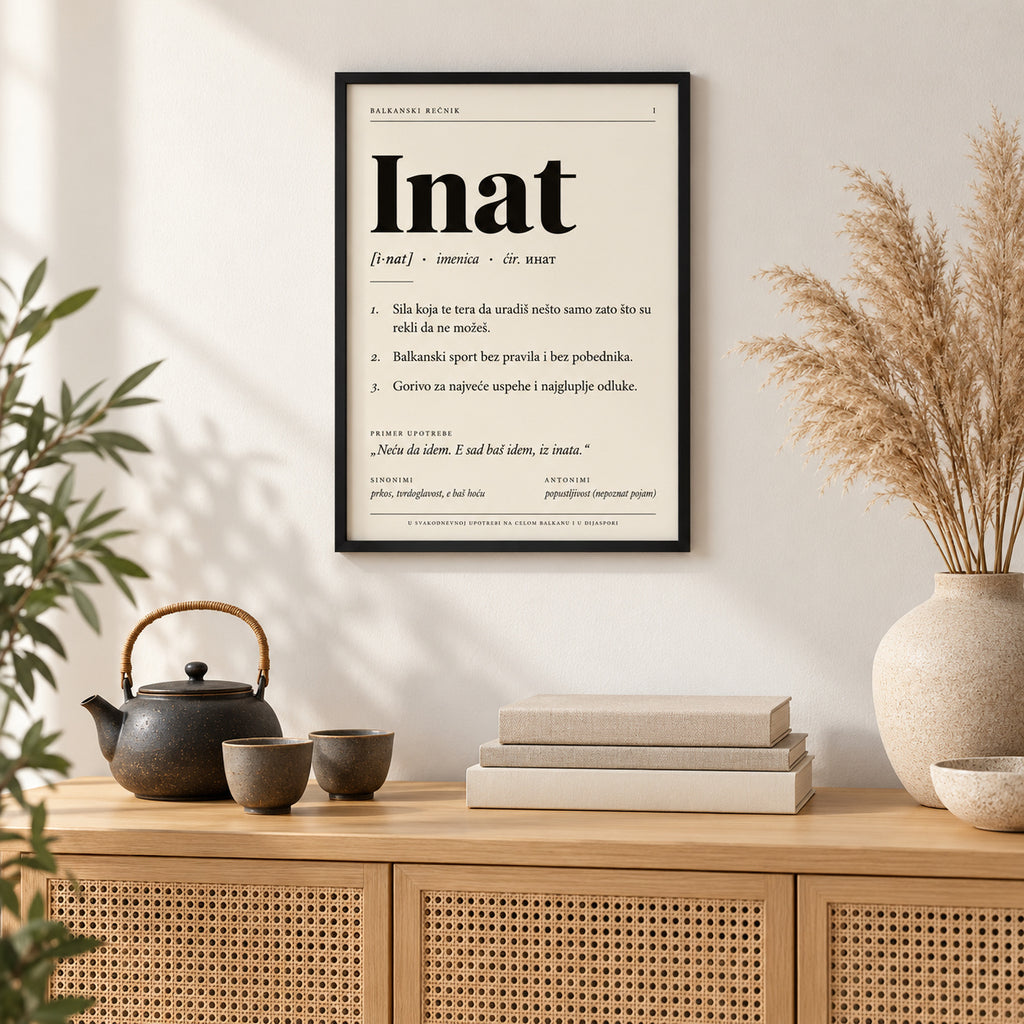 Poster Balkanski rečnik, reč Inat, iznad komode
