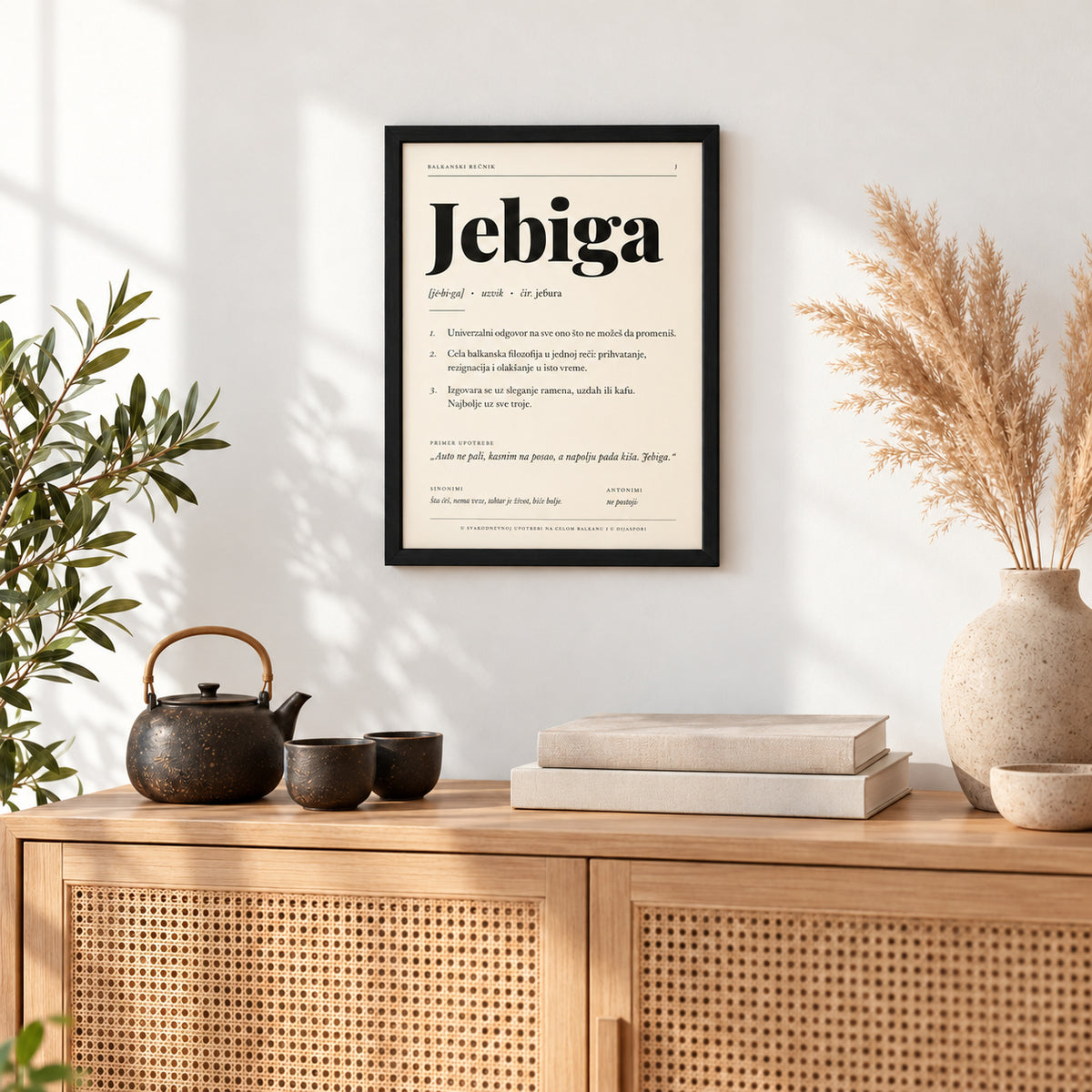 Poster Balkanski rečnik, reč Jebiga, iznad komode