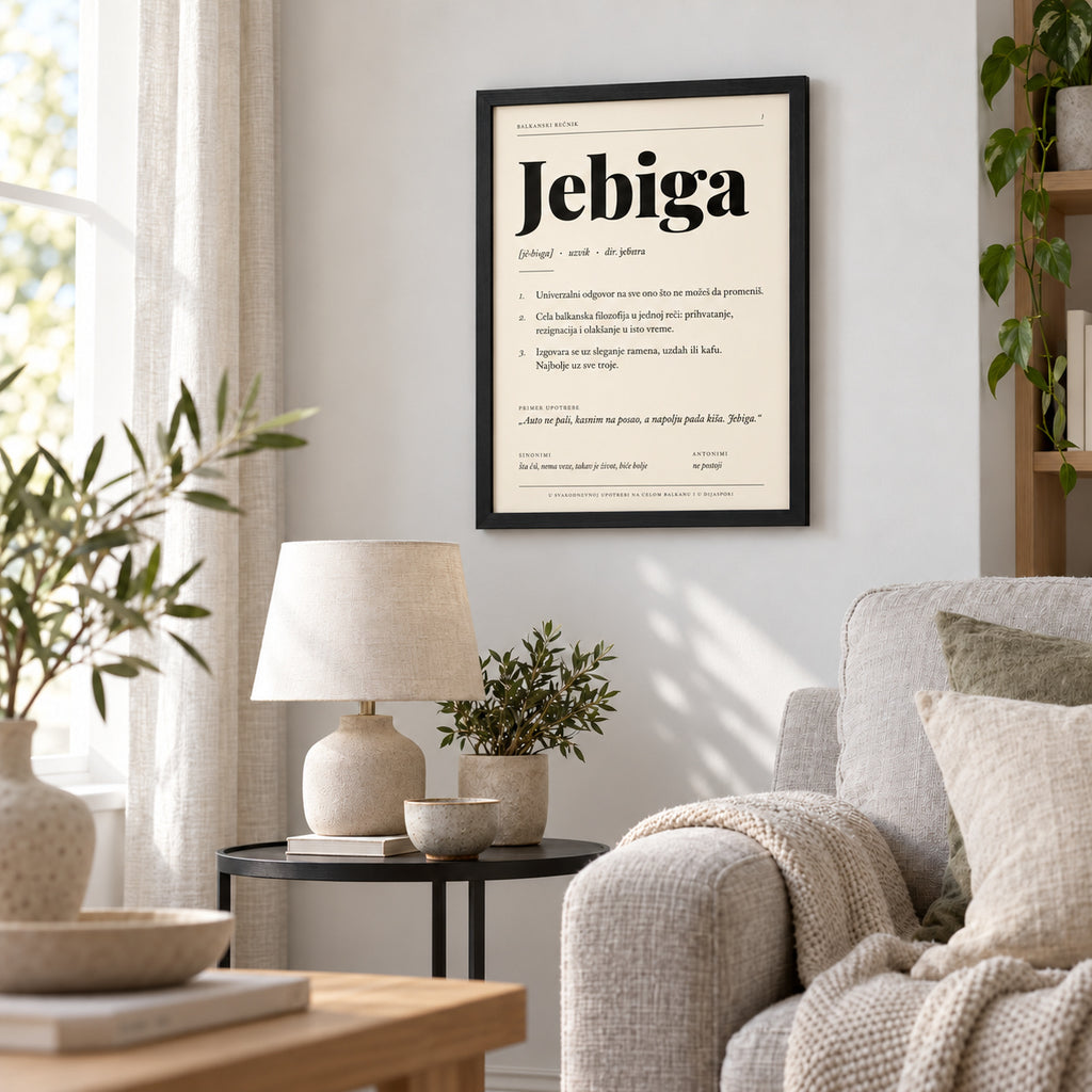 Poster Balkanski rečnik, reč Jebiga, u dnevnoj sobi