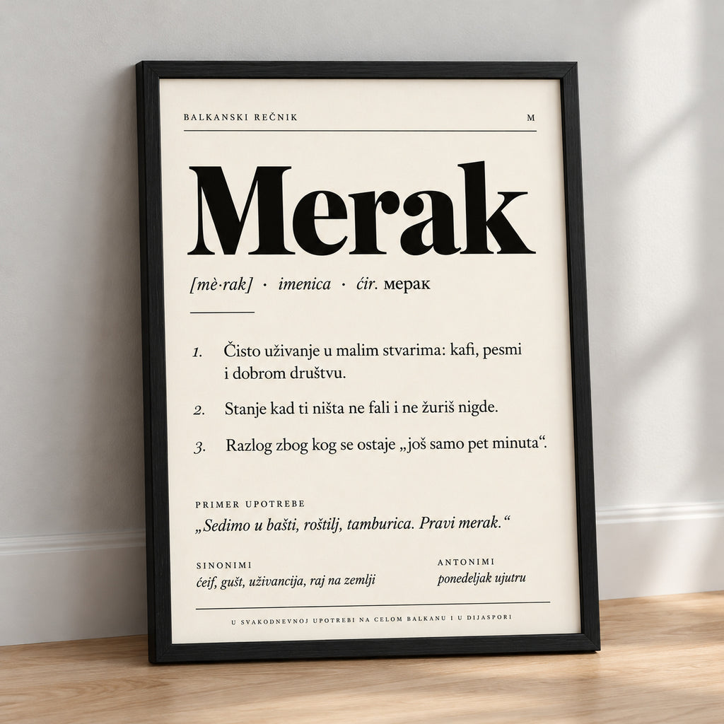 Poster Balkanski rečnik, reč Merak, naslonjen na zid