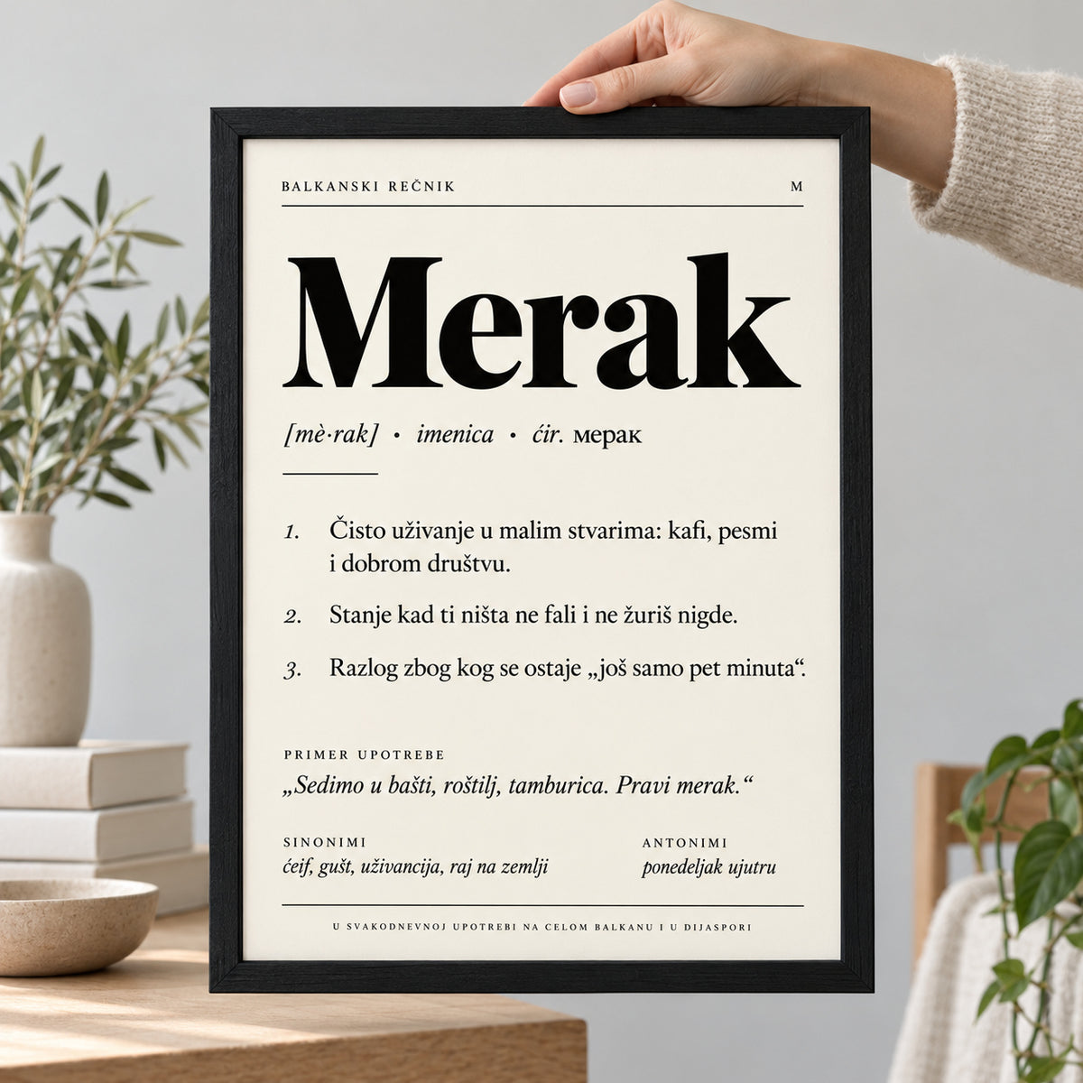 Poster Balkanski rečnik, reč Merak, u ruci