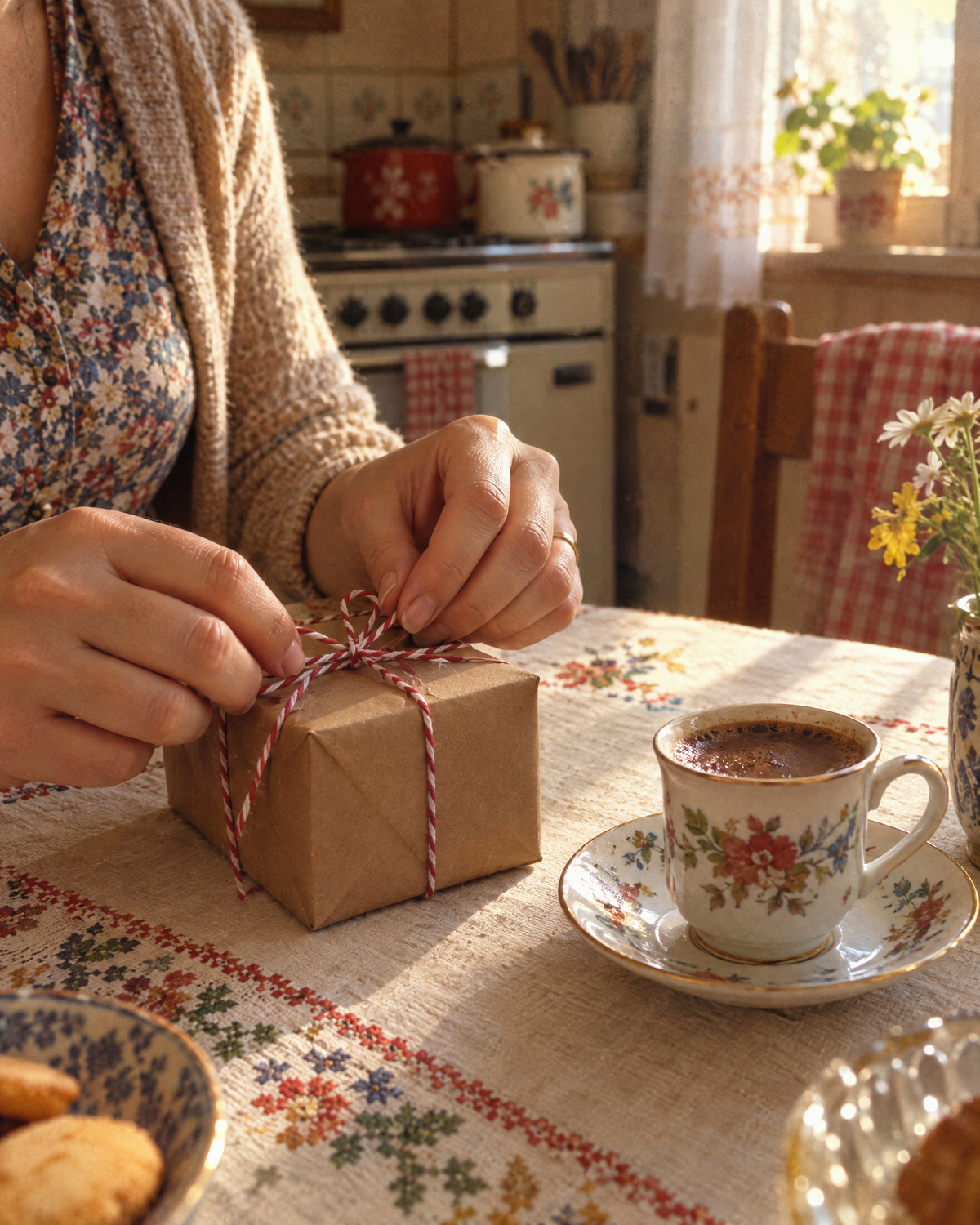 Hände binden eine rot-weisse Kordel um eine Geschenkschachtel neben einer Tasse Kaffee